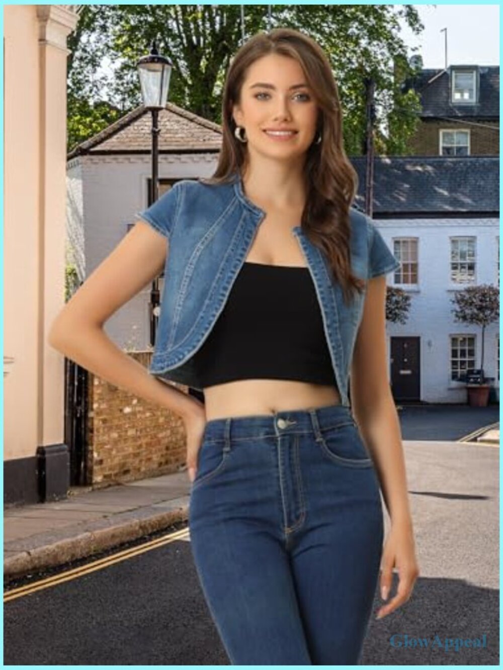 Women's Cropped Denim Jacket Short Sleeve Slim Fit Casual Summer Blazer - Picture 4 of 7